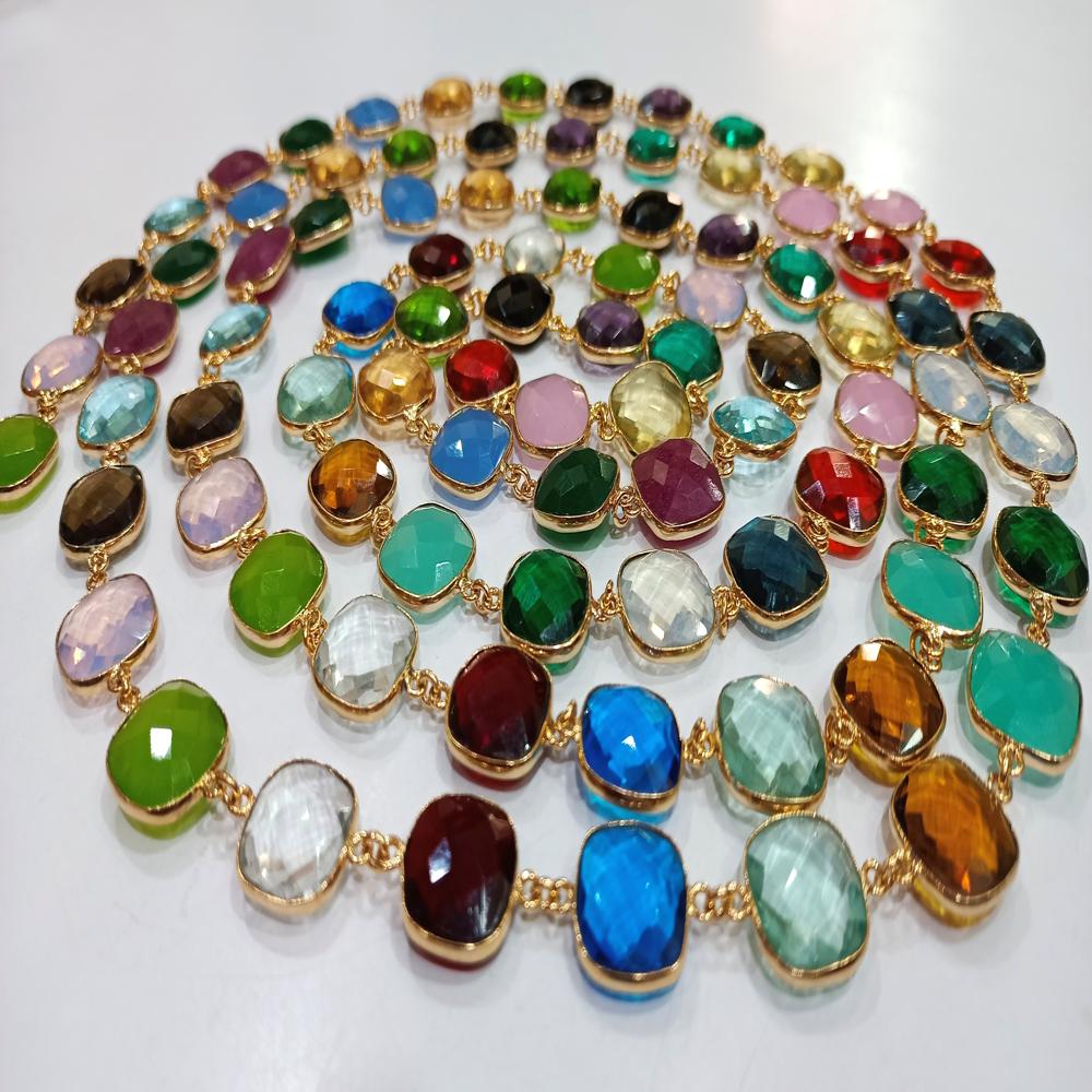 Natural Multi Gemstone Cushion Shape Briolette 15mm Bezel Connector Chain Sold Per Foot