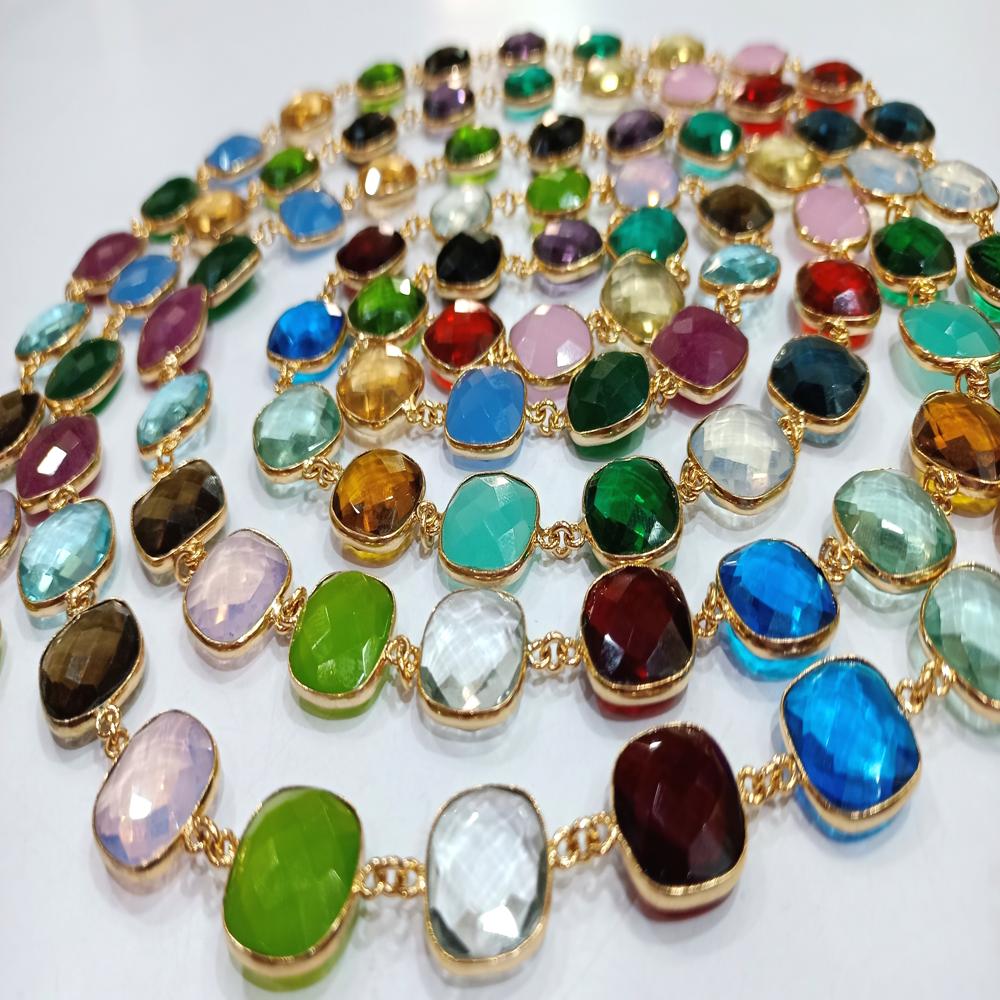 Natural Multi Gemstone Cushion Shape Briolette 15mm Bezel Connector Chain Sold Per Foot