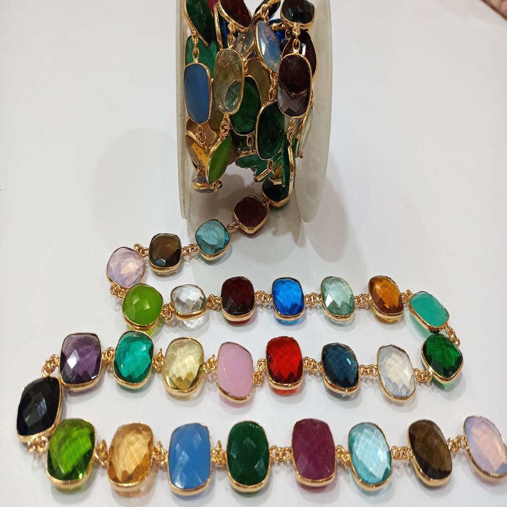 Natural Multi Gemstone Cushion Shape Briolette 15mm Bezel Connector Chain Sold Per Foot