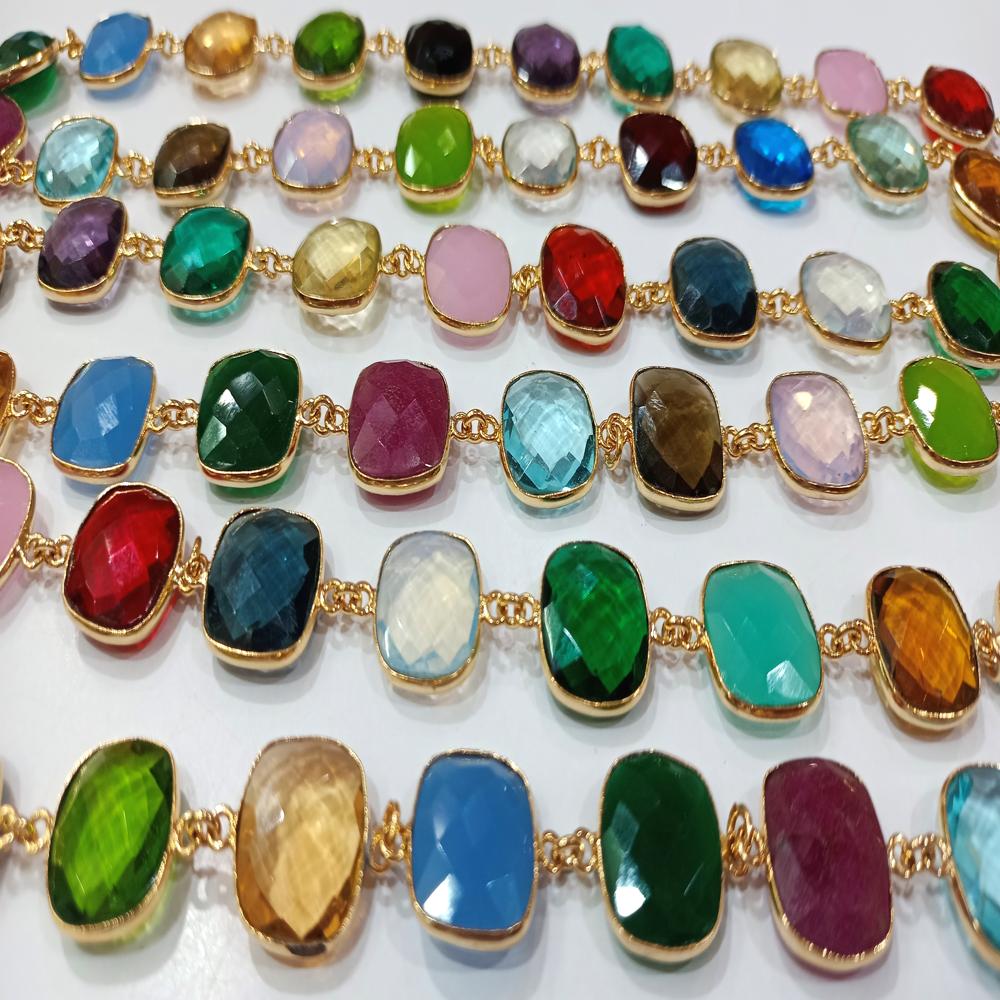 Natural Multi Gemstone Cushion Shape Briolette 15mm Bezel Connector Chain Sold Per Foot