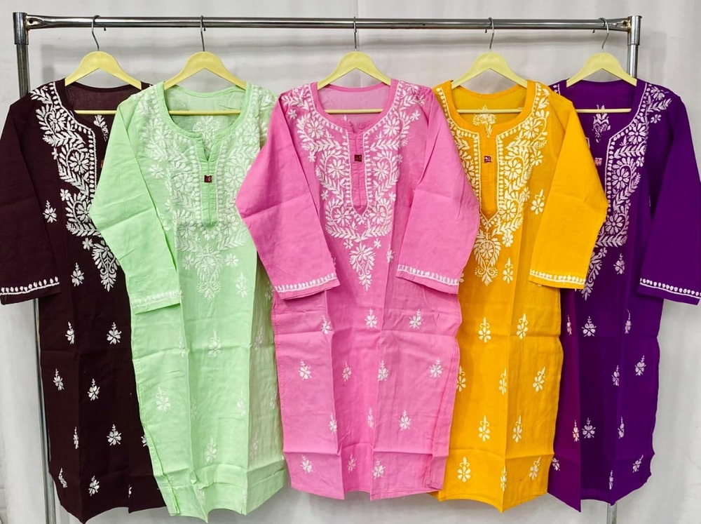 Cotton Booti Kurti - Lightweight Cotton, M-xxl, White Grey | Breathable, Skin-friendly, Machine-stitched, 3/4th Sleeve, Pullover
