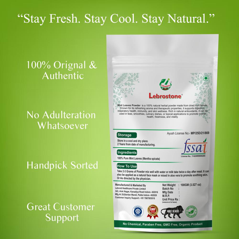 Lebrostone Mint Leaves Powder  Natural Remedy for Bloating, Acidity, Nasal Congestion & Throat Comfort(100g)