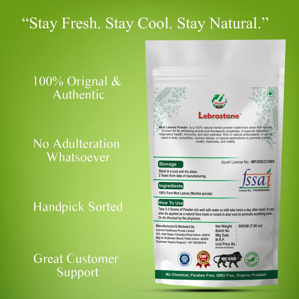 Lebrostone Mint Leaves Powder  Natural Remedy for Bloating, Acidity, Nasal Congestion & Throat Comfort(200g)