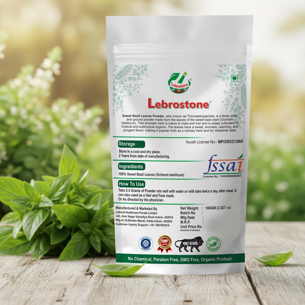 Lebrostone Sweet Basil Leaves Powder Natural Immunity Booster, Stress Relief & Cold/Cough Support(100g)