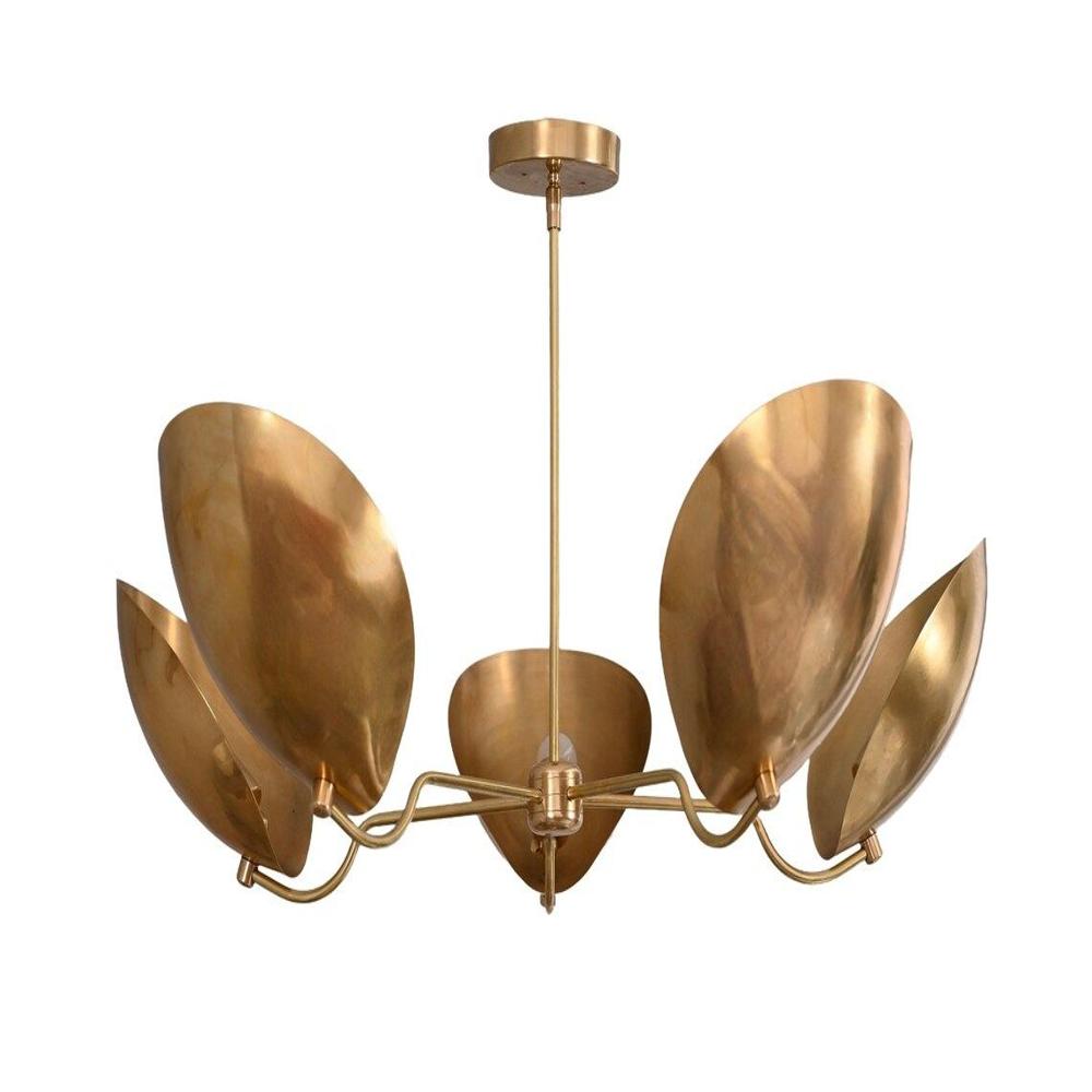 5 Light Curved Dome Style Raw Brass Chandelier Light Fixture - Color: Golden And White