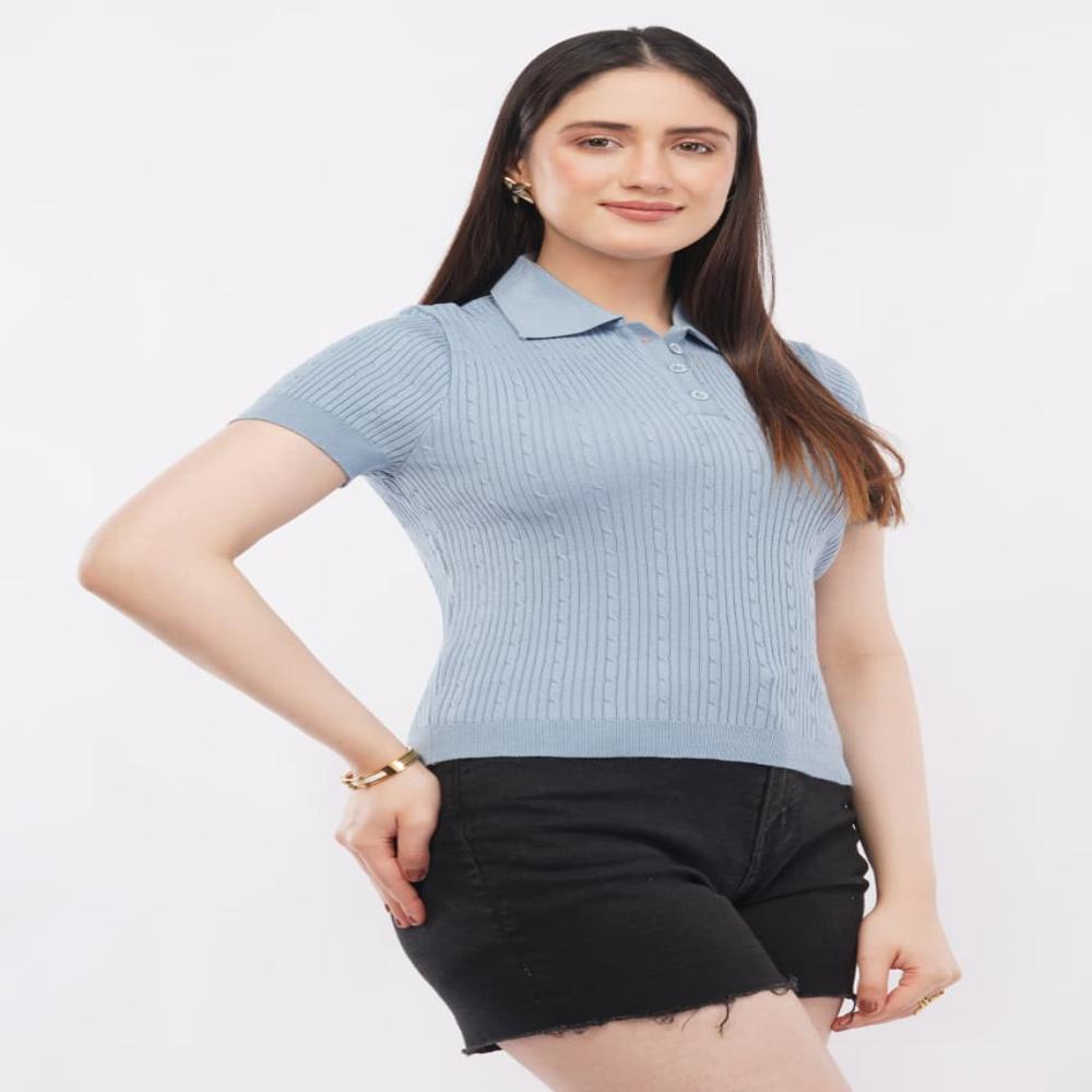 Ladies Ribbed Knit Polo Top - Stylish Short Sleeve Women Casual Fashion Top