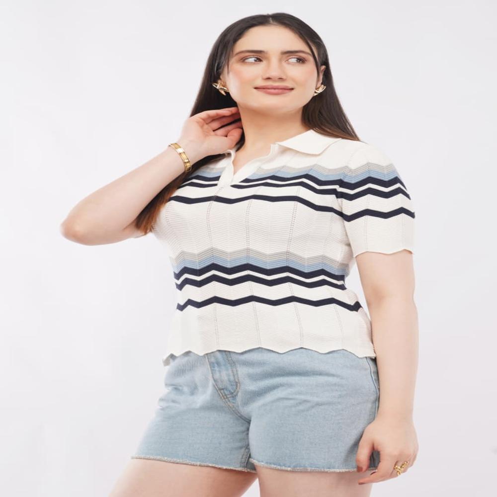 Ladies Zigzag Pattern Knit Polo Top - Stylish Short Sleeve Women Fashion Top 