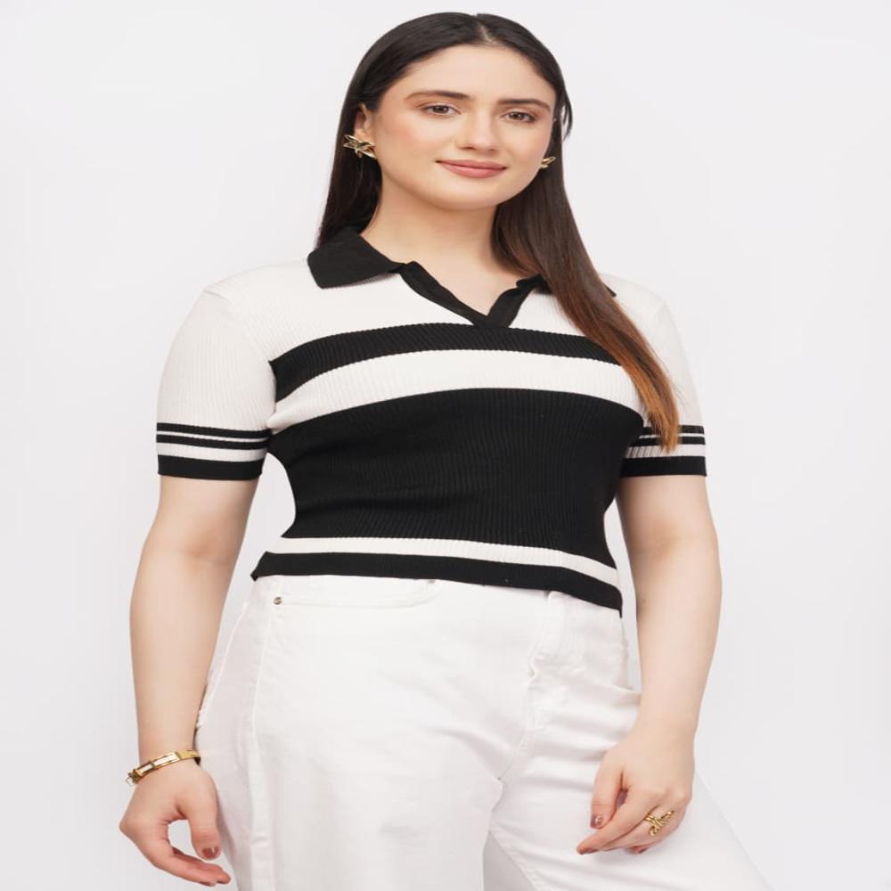 Ladies Contrast Striped Ribbed Knit Polo Top - Stylish Short Sleeve Women  Casual TOP