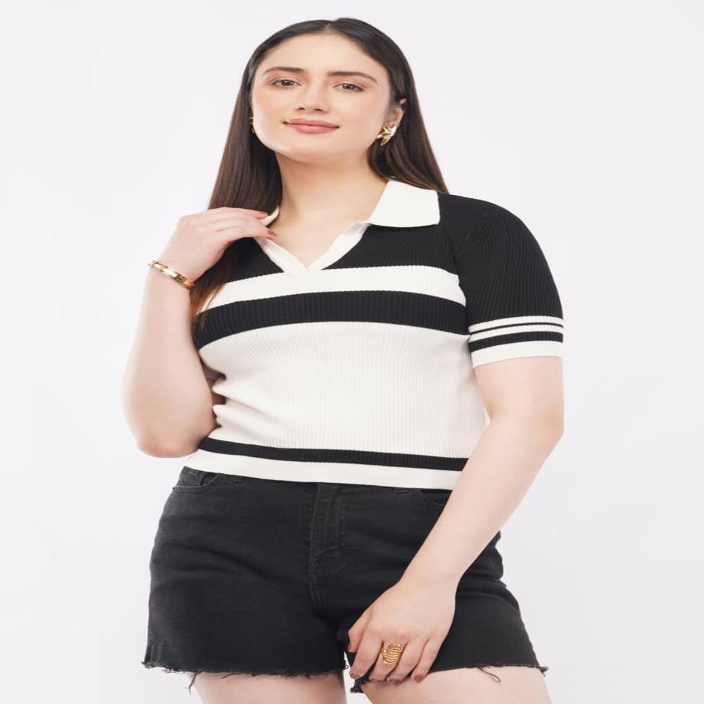 Ladies Striped Ribbed Knit Polo Top - Stylish Short Sleeve Women Casual  Top