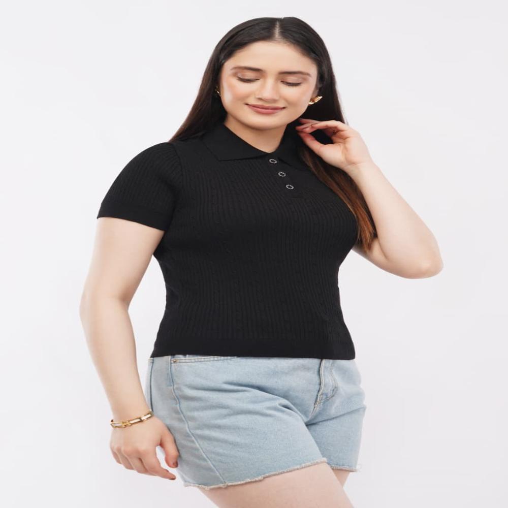 Ladies Solid Ribbed Knit Polo Top - Stylish Short Sleeve Women Casual Top