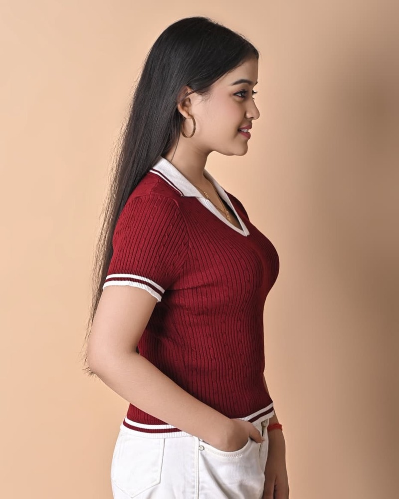 Women Ribbed Knitted Polo Collar Top -Stylish Ladies Casual top