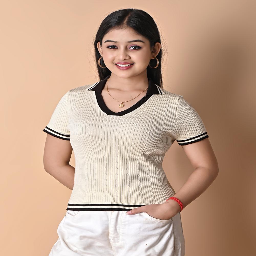 Ladies Ribbed Knit Polo Neck Crop Top - Stylish Summer Casual Top For Women - Color: Beige