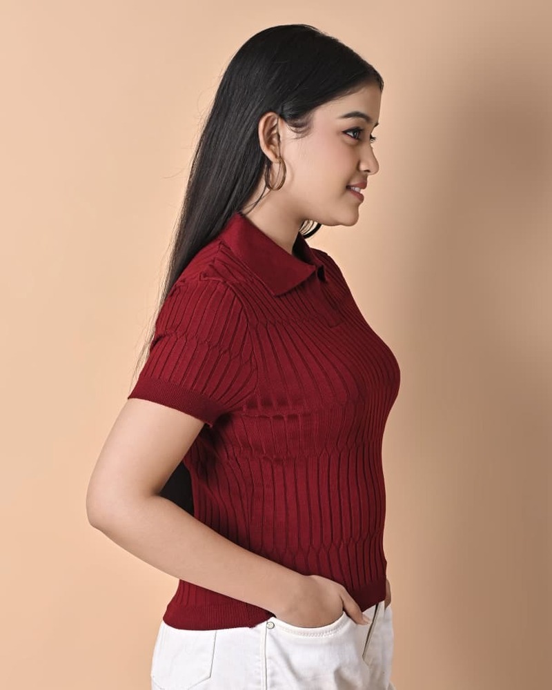 Ladies Ribbed Knit Polo Neck Top - Stylish Casual Short Sleeve Women Top