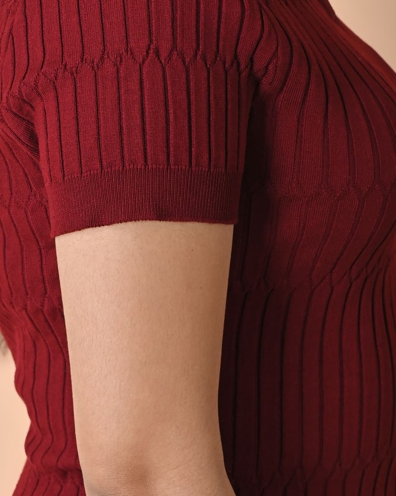 Ladies Ribbed Knit Polo Neck Top - Stylish Casual Short Sleeve Women Top