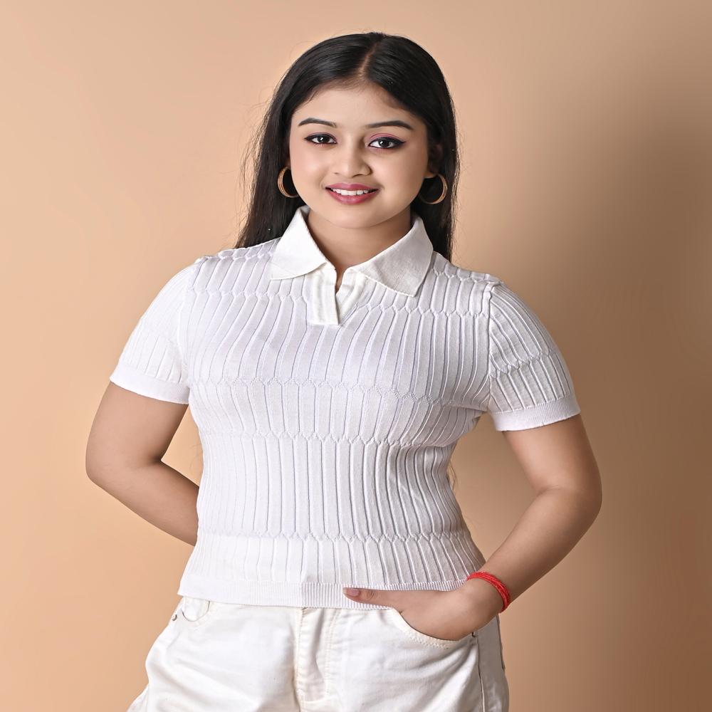 Women Ribbed Knitted Polo Collar Top - Stylish Casual Ladies Knitwear