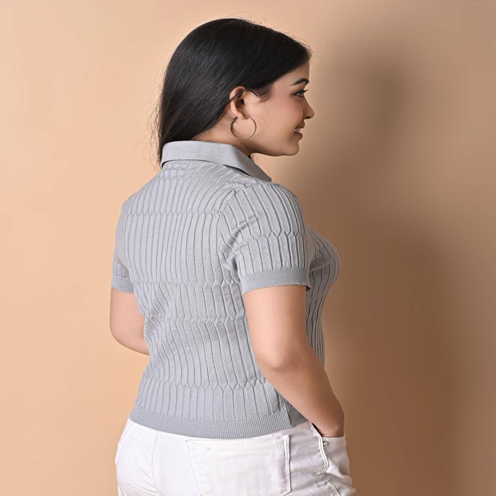 Ladies Ribbed Knit Polo Top - Stylish Women Casual Fashion Top - Color: Grey