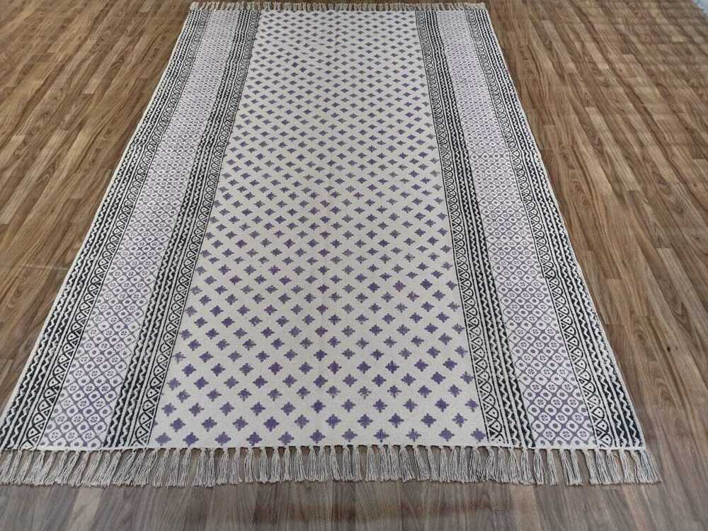 White Designer  Cotton Hand Block Print Rugs