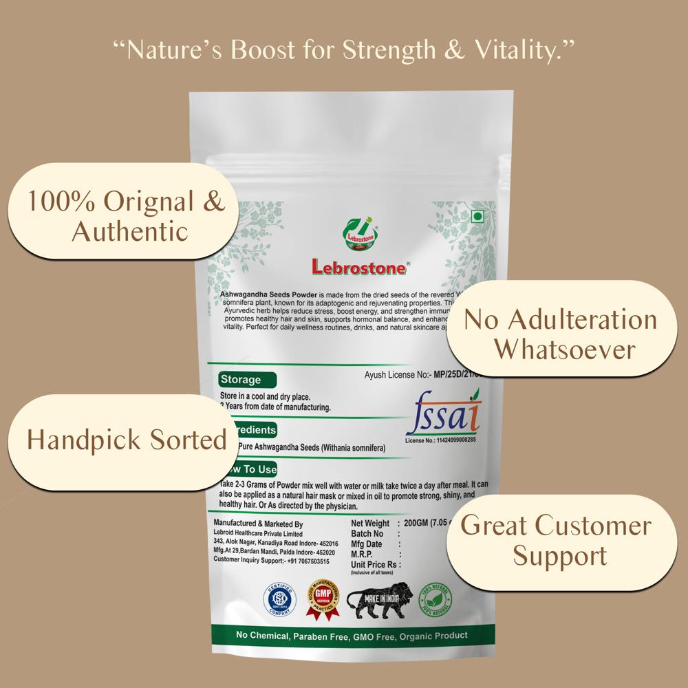 Lebrostone Ashwagandha Seeds Powder | Reduces Stress & Fatigue, Boosts Energy & Immunity|100g