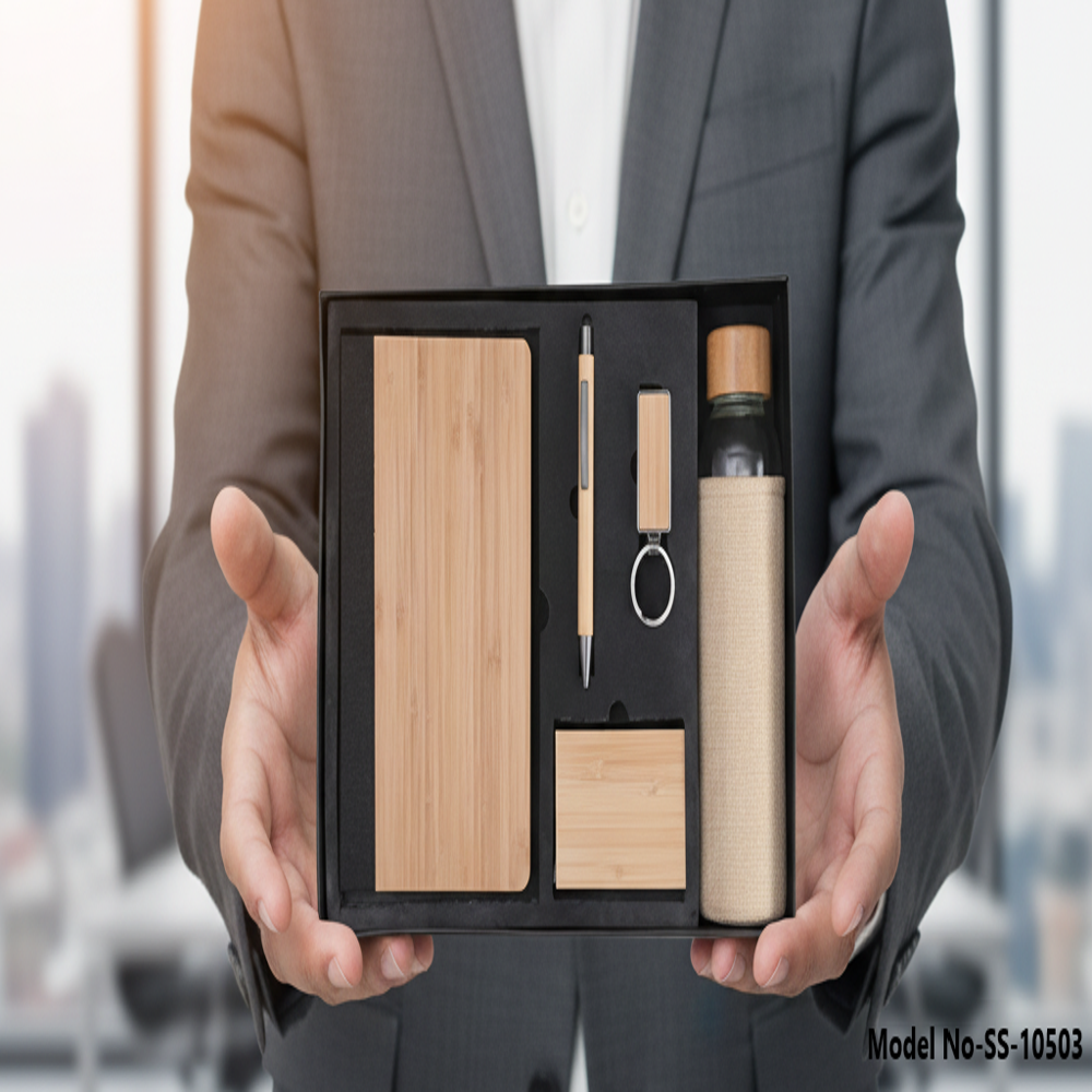 Elite 5-In-1 Bamboo Gift Set With Notebook, Pen, Keychain Card Holder & Glass Bottle (Ss-10503) - Dimension (L*W*H): 28 20 7 Centimeter (Cm)