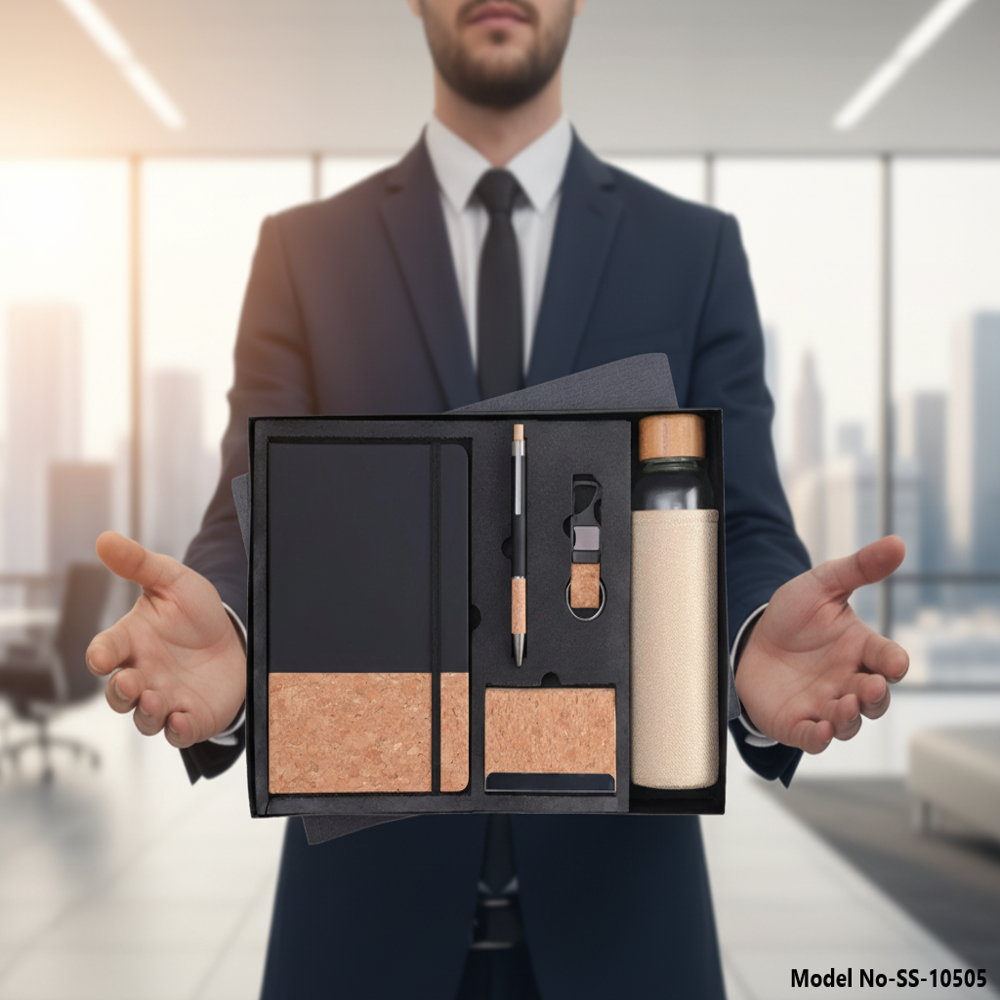 5-In-1 Eco-Luxury Bamboo & Black Cork Executive Diary Pen Keychain & Bottle Gift Suite (Ss-10505) - Design Type: Modern Minimalist