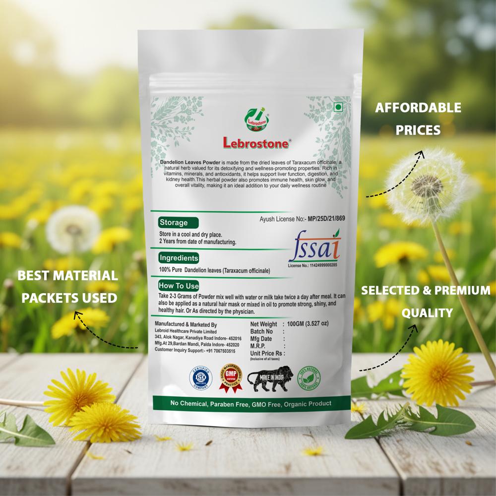 Lebrostone Dandelion Leaves Powder  Digestive Support, Sugar Balance, Liver & Kidney Health, Immunity Booster, Rich Nutrients(100g)