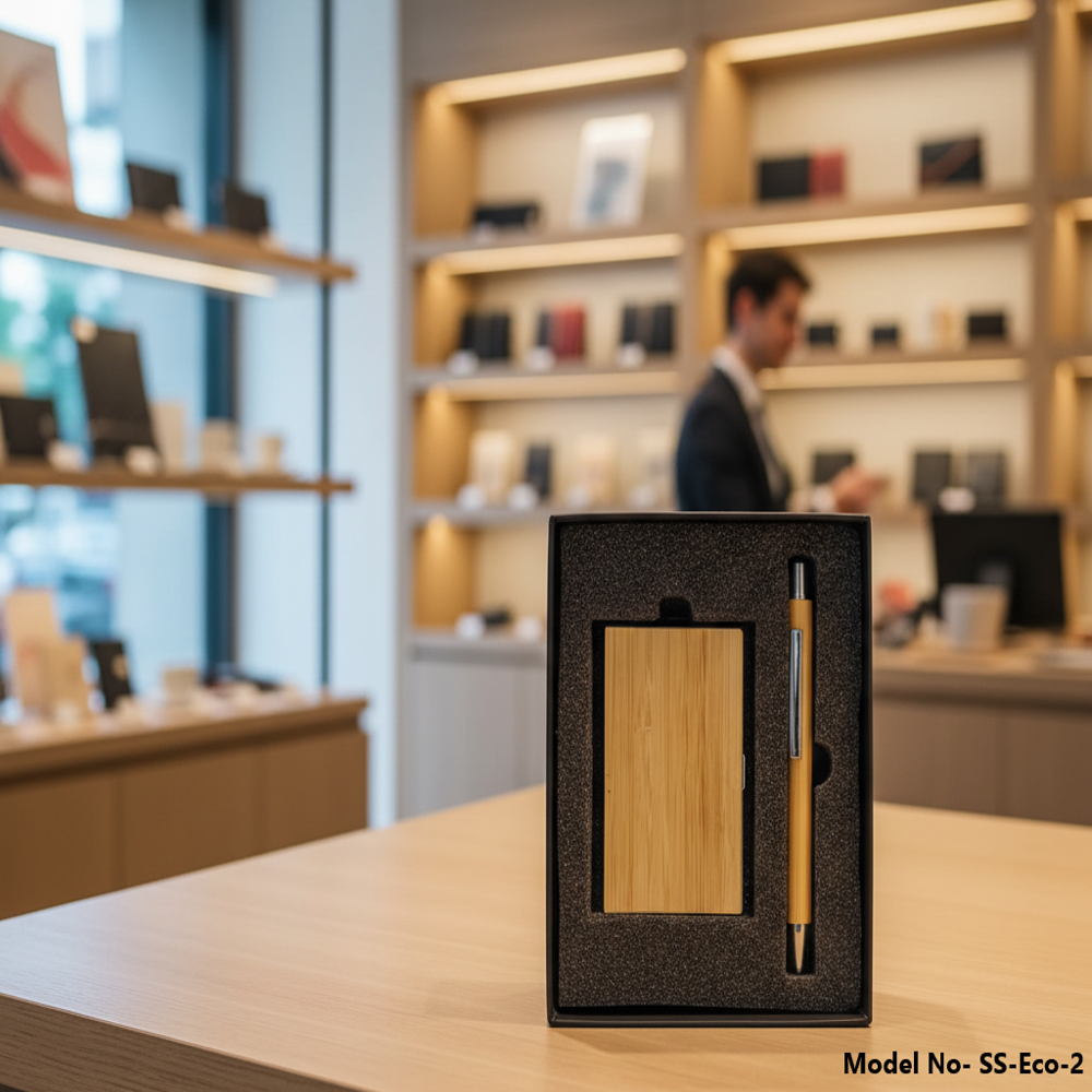 Premium Eco-Friendly Bamboo Visiting Card Holder with Matching Pen Set (SS-Eco-2)