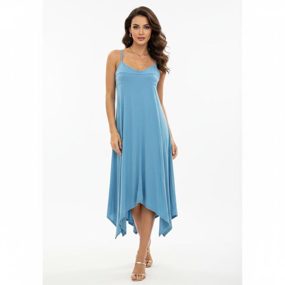 Ladies  Sky Blue Spaghetti Strap Asymmetrical Hem Midi Dress - Gender: Female