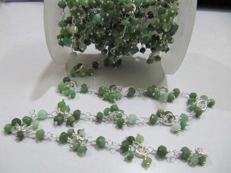 Chrysoprase Gemstone Beaded Flower Chain Rondelle Faceted Beads 3 To 4mm Size Cluster Chain Semi Precious Stones - Color: Green