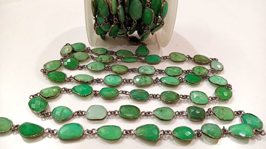 Natural Chrysoprase Connector Uneven Free Shape Briolette Faceted Bezel Connector Chain 12 to 14 mm Gemstone bezel Chain Sold Per Foot