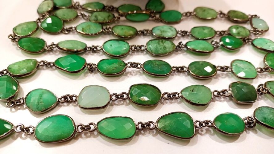 Natural Chrysoprase Connector Uneven Free Shape Briolette Faceted Bezel Connector Chain 12 to 14 mm Gemstone bezel Chain Sold Per Foot