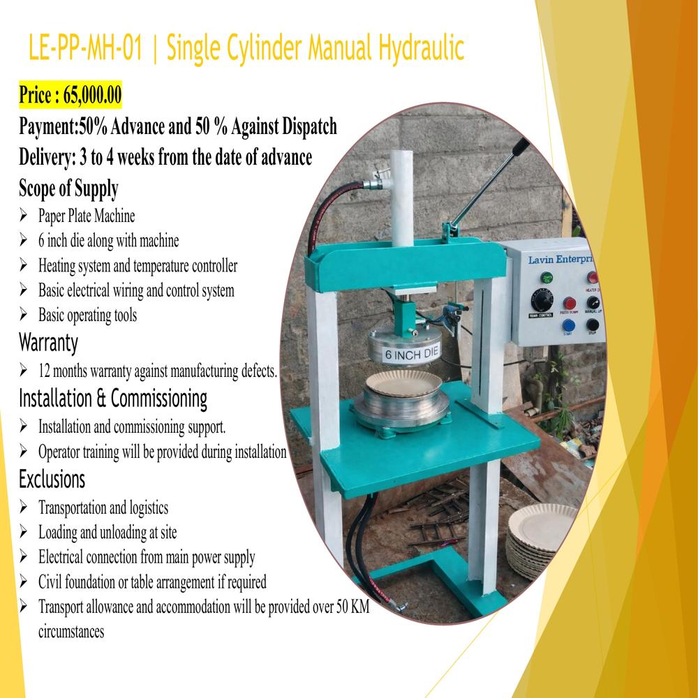 Paper Plate Machine Single Cylinder Manual Hydraulic - Capacity: 2000-3000 Plates/hr Pcs/hr