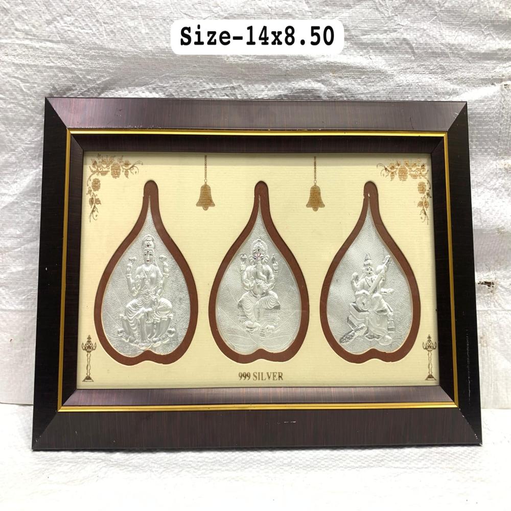 999 Silver Laxmi Ganesh Saraswati Leaf Frame - Fabric Type: Velvet