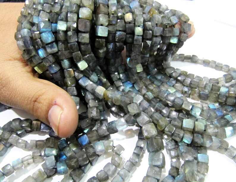 Labradorite 3D Box beads,Blue Flashy labradorite Faceted Cube Beads 5to7mm size Superfine Cut and Polished Beads String 8inch