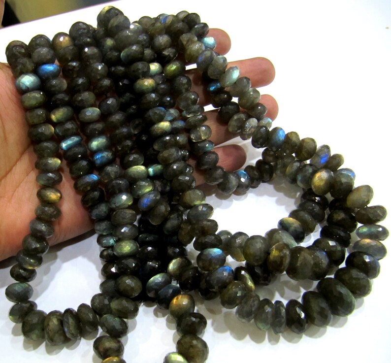 Natural Labradorite Rondelle Faceted Blue flashy 11 to 14mm Size Graduated Beads Strand 8 Inches Long