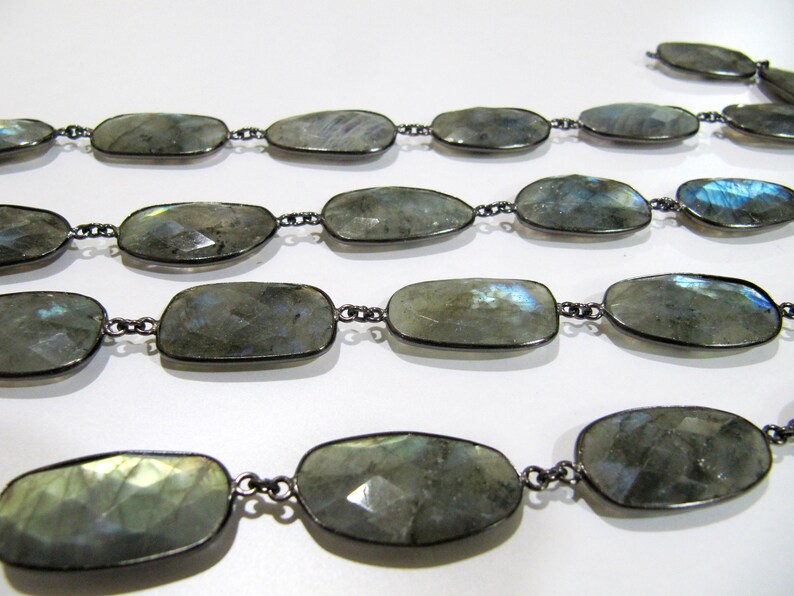 Natural Labradorite Uneven Shape Briolette faceted Bezel Connector Chain 15x27mm Approx Gold/Silver/Black/Rose gold Plated Sold Per Foot