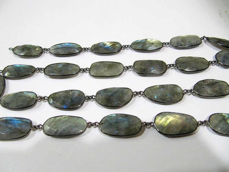 Natural Labradorite Uneven Shape Briolette faceted Bezel Connector Chain 15x27mm Approx Gold/Silver/Black/Rose gold Plated Sold Per Foot