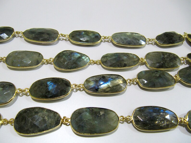 Natural Labradorite Uneven Shape Briolette faceted Bezel Connector Chain 15x27mm Approx Gold/Silver/Black/Rose gold Plated Sold Per Foot