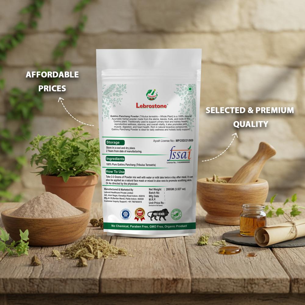Lebrostone Gokhru Panchang Powder  Natural Herbal Supplement to Support Kidney, Urinary Health, Strength, Immunity, Digestion & Detoxification(200g)