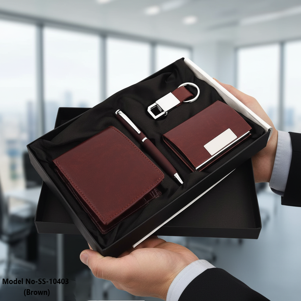 Executive 4-in-1 Textured Leatherette Gift Set: Wallet, Card Case, Pen & Keychain (SS-10403)