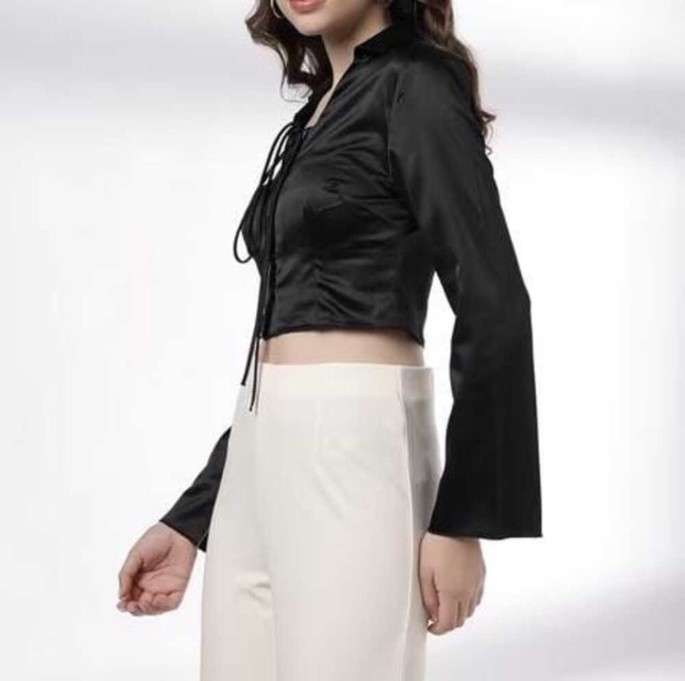 Export surplus women's Black Satin Tie-Up Crop Top