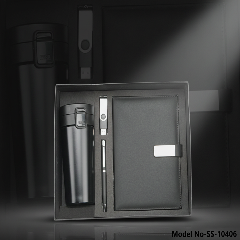 Elite 4-in-1 Corporate Travel Gift Set: Coffee Mug, Diary, Pen & USB Flash Drive (SS-10406)