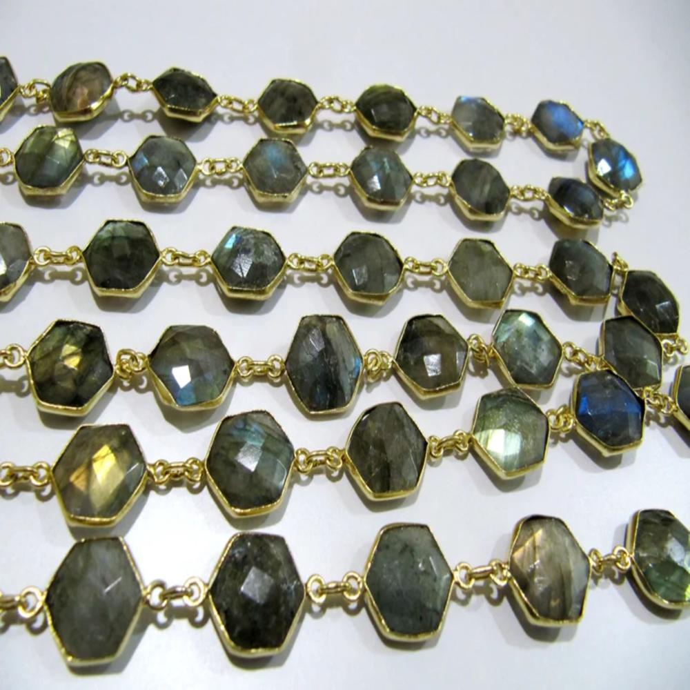 Natural Labradorite Hexagon Shape Briolette Faceted Bezel Connector Chain 13 To 14mm Gems Handmade Chain In Sold Per Foot - Color: Gray