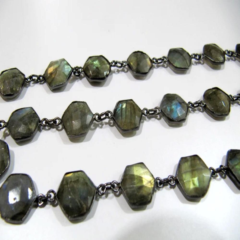 Natural Labradorite hexagon Shape Briolette faceted Bezel Connector Chain 13 to 14mm Gems Handmade Chain in sold per foot