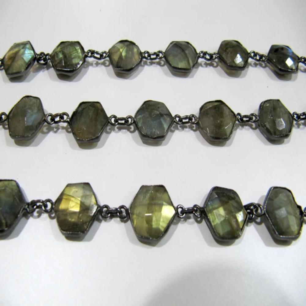Natural Labradorite hexagon Shape Briolette faceted Bezel Connector Chain 13 to 14mm Gems Handmade Chain in sold per foot