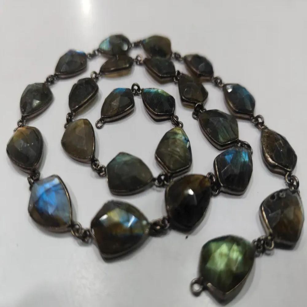 Natural Labradorite Fancy Shape Briolette faceted Bezel Connector Chain 10 to 15mm Gold/Silver/Black/Rose Gold Plated Sold Per Foot