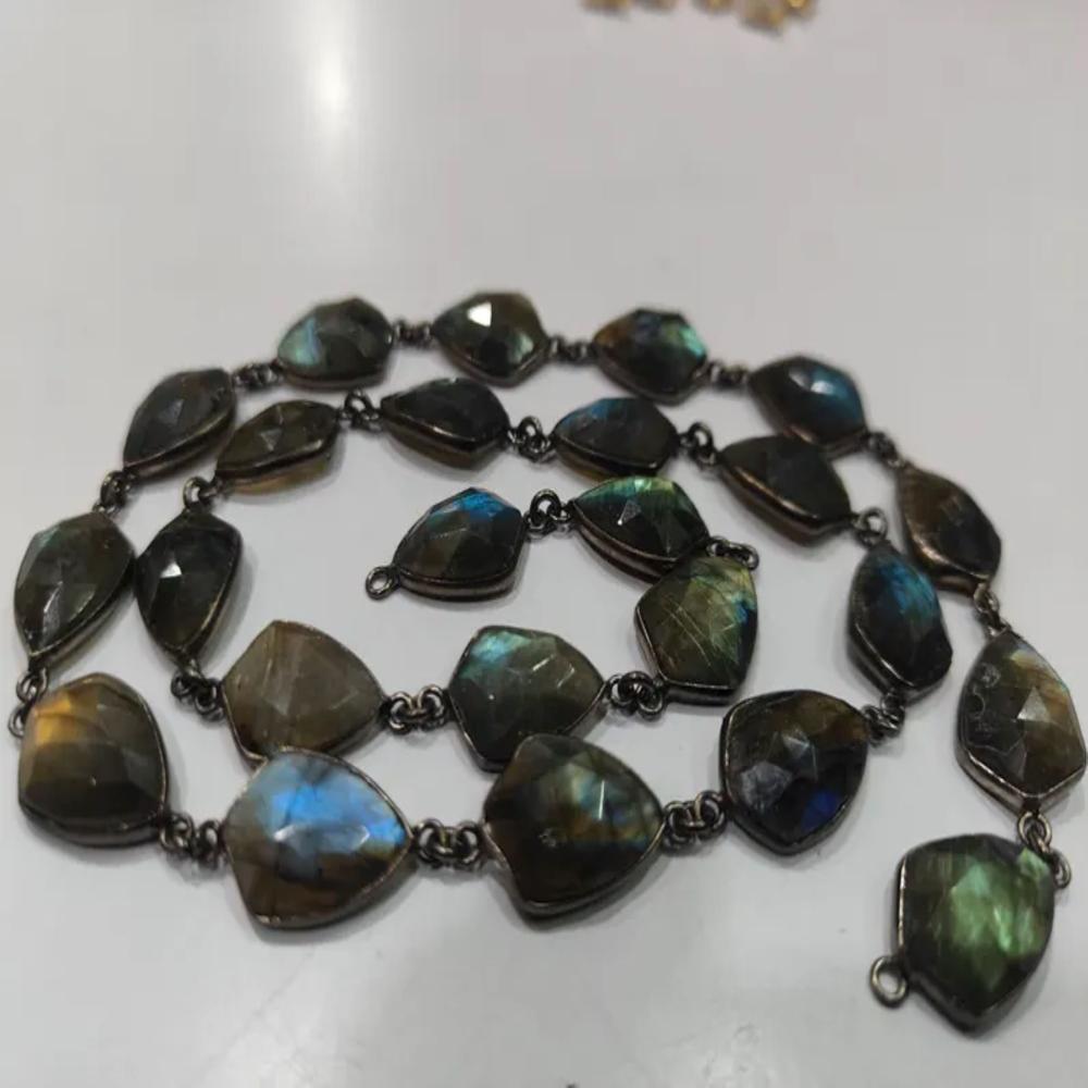 Natural Labradorite Fancy Shape Briolette faceted Bezel Connector Chain 10 to 15mm Gold/Silver/Black/Rose Gold Plated Sold Per Foot