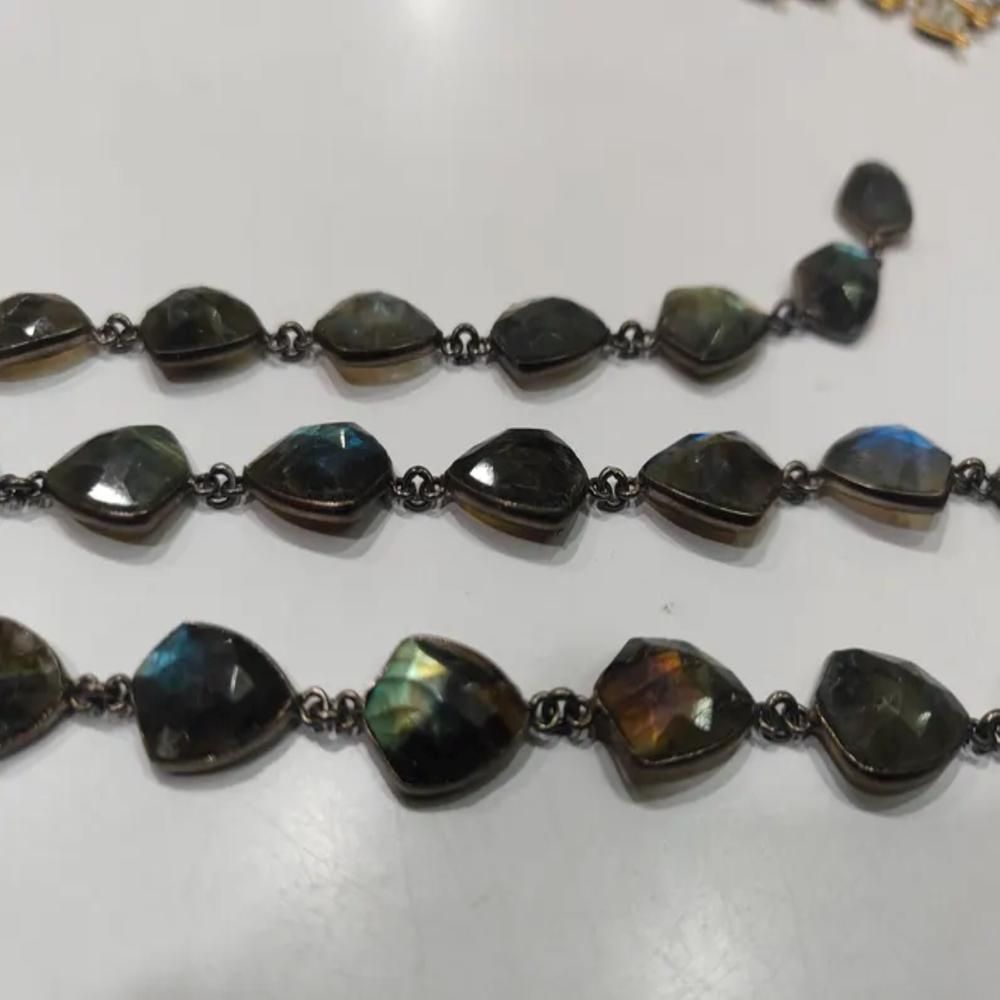 Natural Labradorite Fancy Shape Briolette faceted Bezel Connector Chain 10 to 15mm Gold/Silver/Black/Rose Gold Plated Sold Per Foot