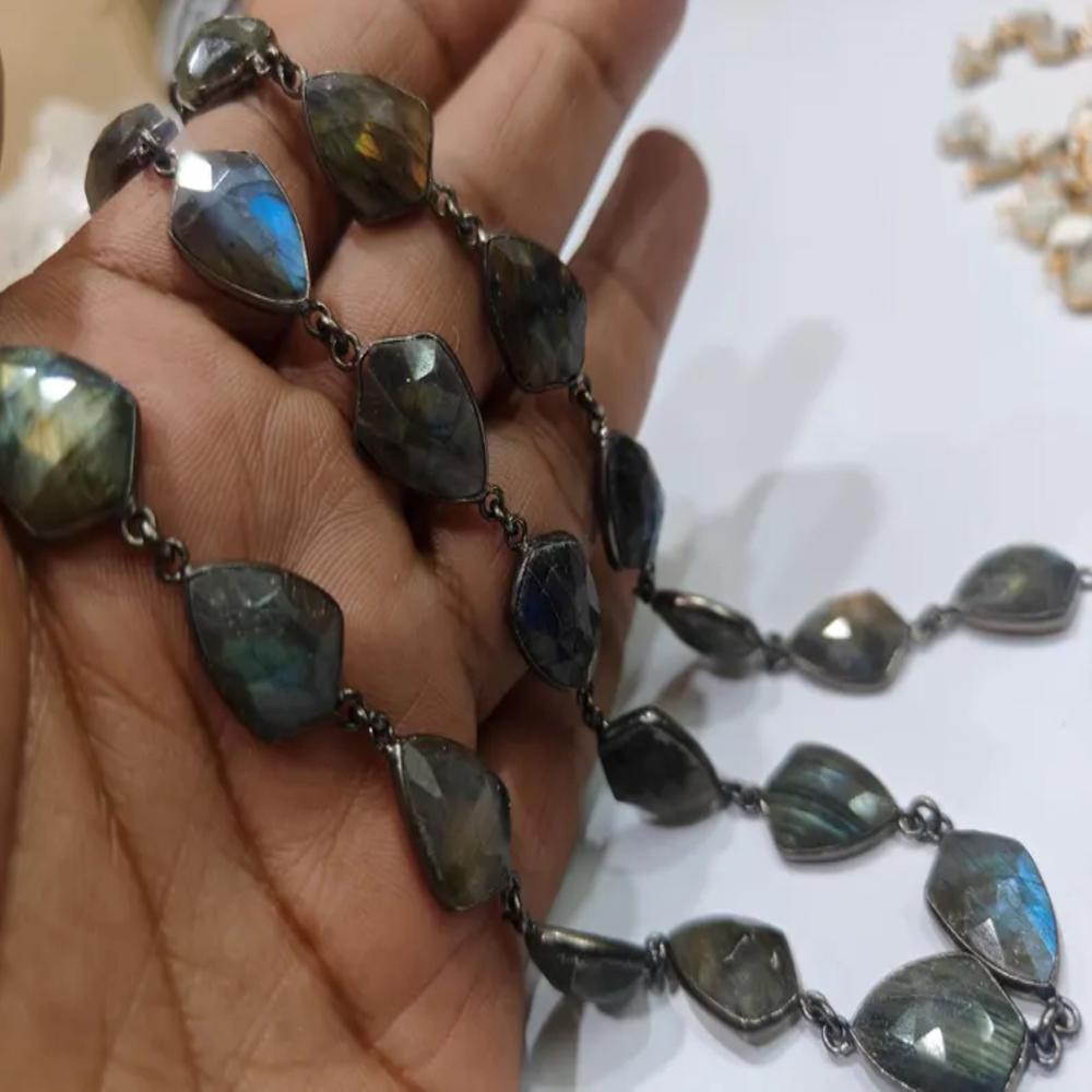 Natural Labradorite Fancy Shape Briolette faceted Bezel Connector Chain 10 to 15mm Gold/Silver/Black/Rose Gold Plated Sold Per Foot