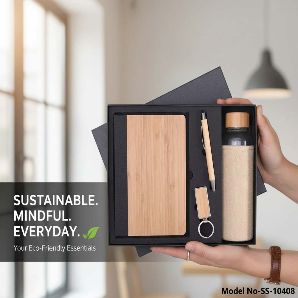 Sustainable 4-in-1 Eco-Friendly Gift Set: Bamboo Diary, Pen, Keychain & Glass Bottle (SS-10408)