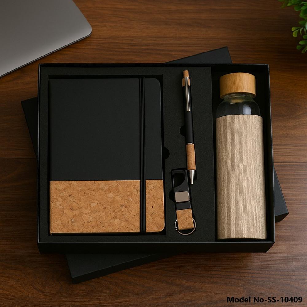 Premium 4-In-1 Black Cork & Leatherette Gift Set With Diary, Pen, Keychain & Glass Bottle (Ss-10409) - Battery Capacity: Not Applicable Milliampere-Hour (Mah)